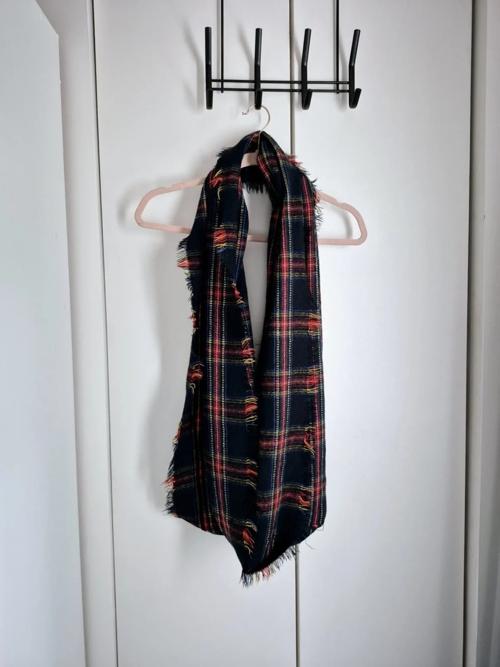 Aldo Black Plaid Infinity Scarf with Red & Yellow Stripes